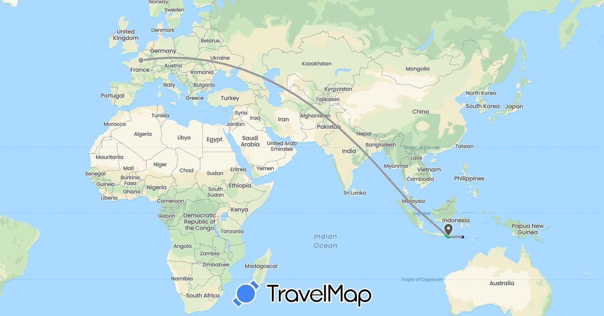 TravelMap itinerary: driving, bus, plane, boat, motorbike in France, Indonesia, Malaysia (Asia, Europe)
